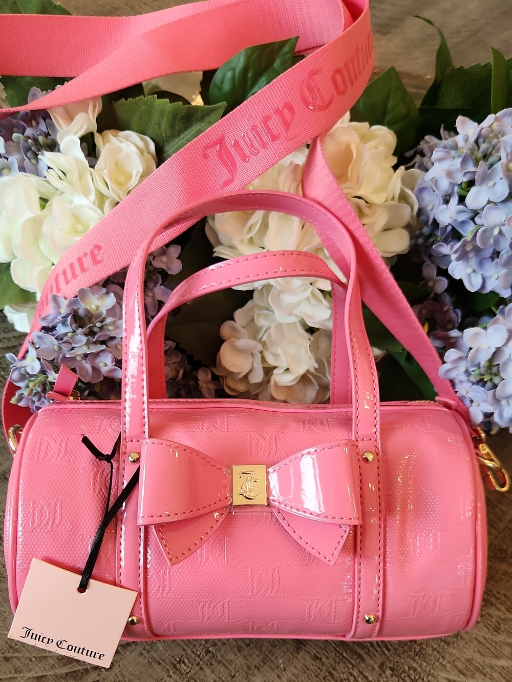 Juicy Couture Pink Patent Bow Barrel Bag with Logo Strap